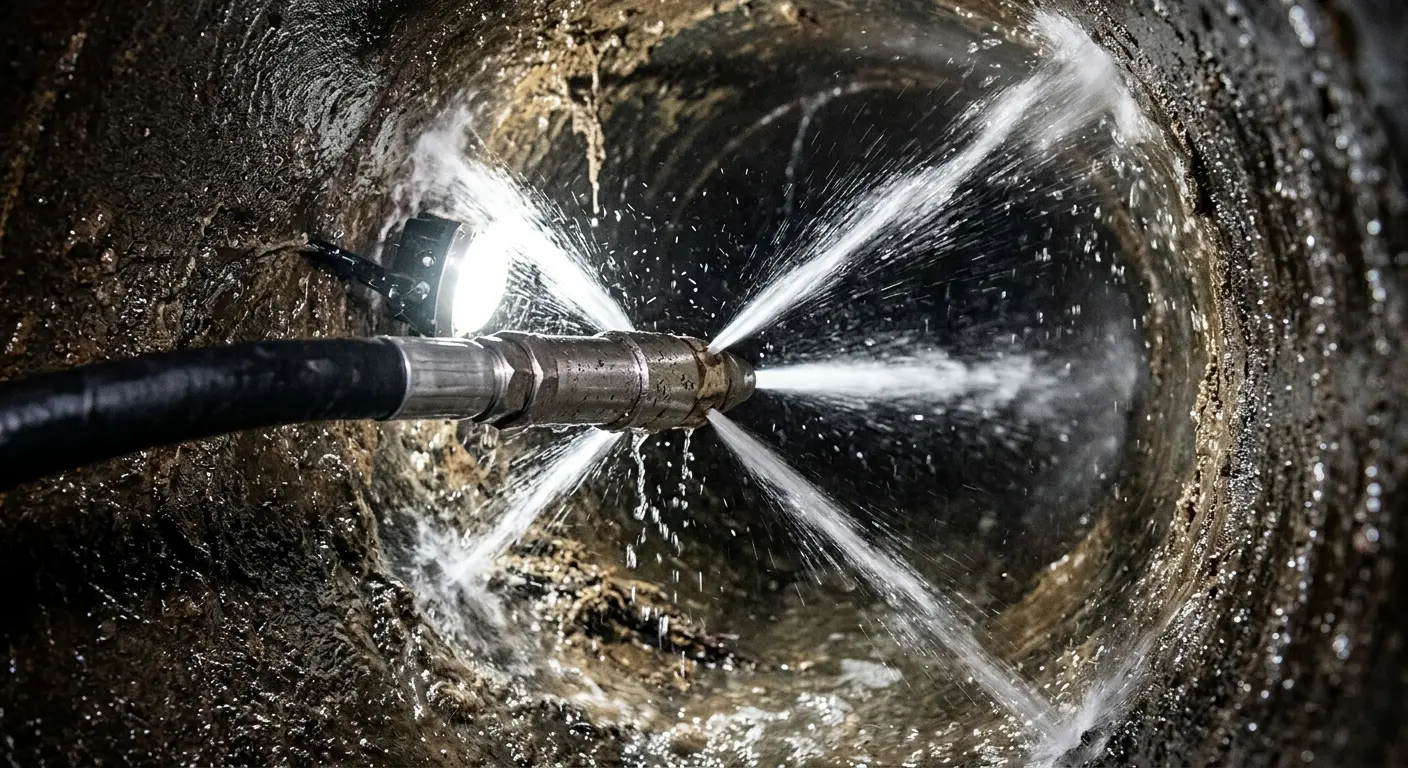 High-pressure hydro jetting nozzle cleaning sewer pipe for Trenchless Sewer Repair in Maryland City