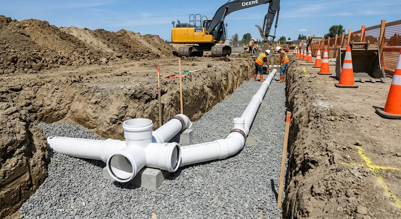 New PVC sewer pipe installation in open trench for Commercial Drain Cleaning in Maryland City