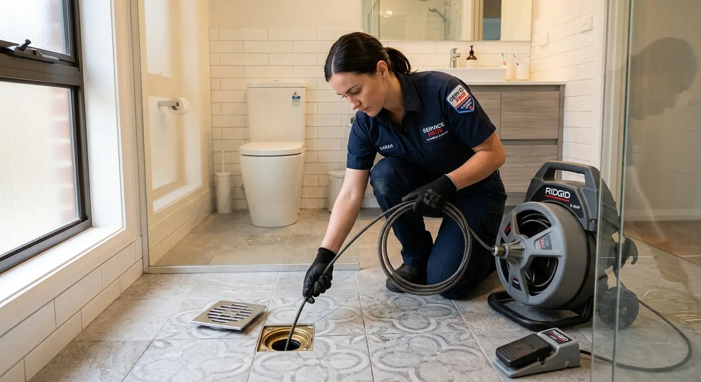 Technician clearing a bathroom floor drain for Clogged Drain Repair in Maryland City